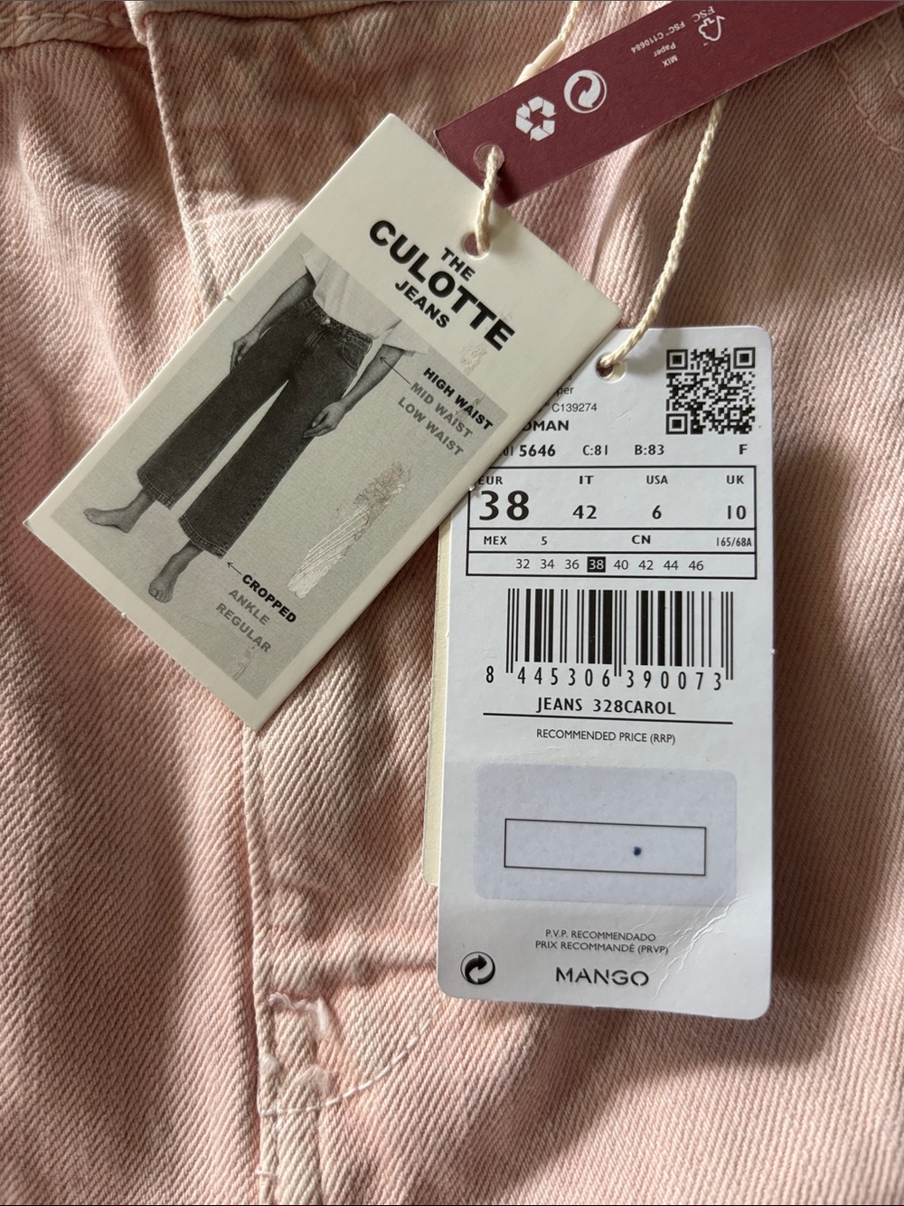 Mango Wide-Leg Crop Culotte Jeans in Pale Pink, new with tags - Picture 6 of 8